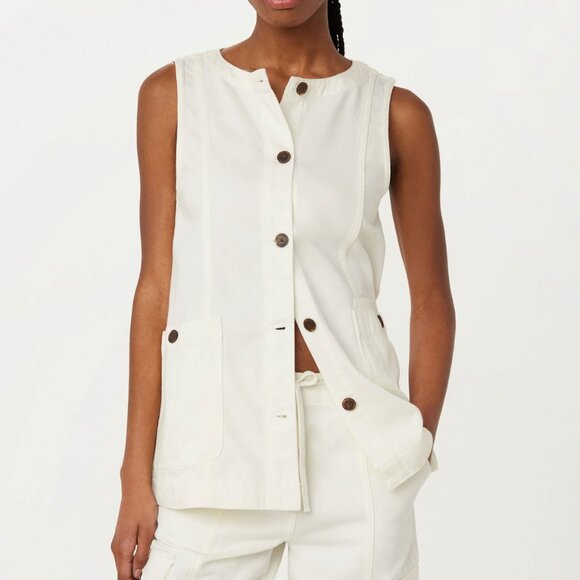 FRANK & OAK Work Button Down Minimalist Vest Relaxed Twill Utility Ivory White L - Picture 1 of 9